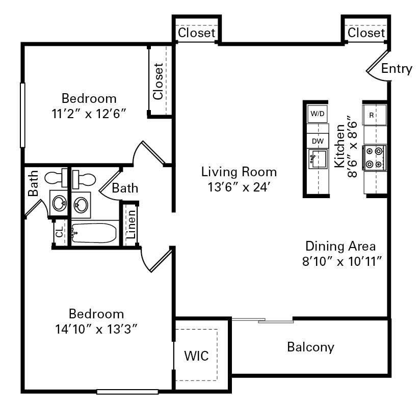 Two bedroom floor plan at Mountainside Apartments in Garnerville, NY